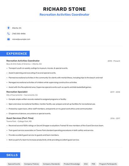 Recreation Activities Coordinator Resume