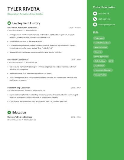 Recreation Activities Coordinator Resume