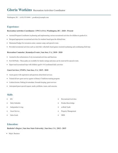 Recreation Activities Coordinator Resume