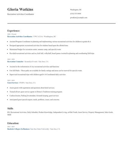 Recreation Activities Coordinator Resume