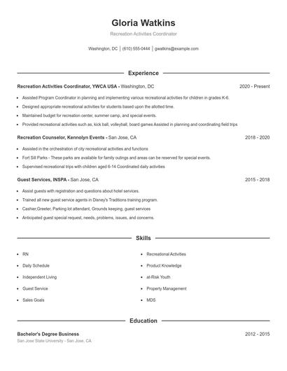Recreation Activities Coordinator Resume