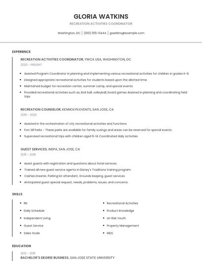 Recreation Activities Coordinator Resume