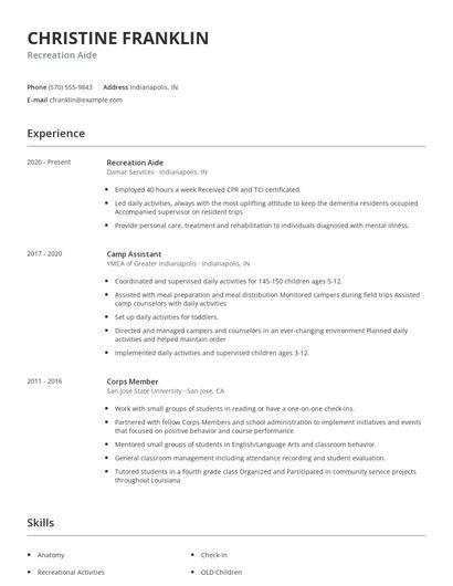 Recreation Aide Resume