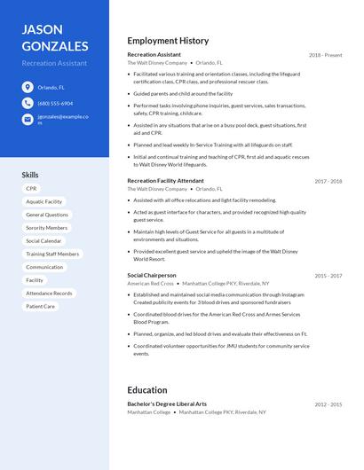 Recreation Assistant Resume