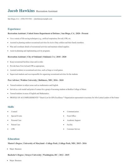 Recreation Assistant Resume
