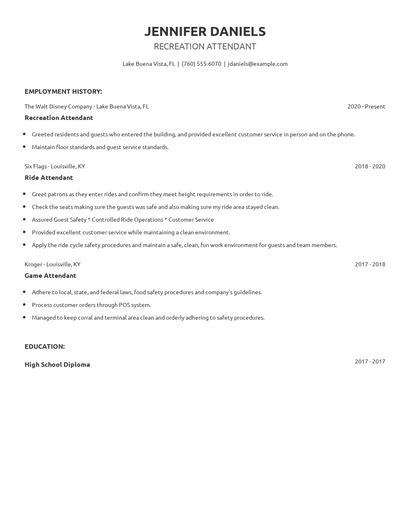 Recreation Attendant Resume