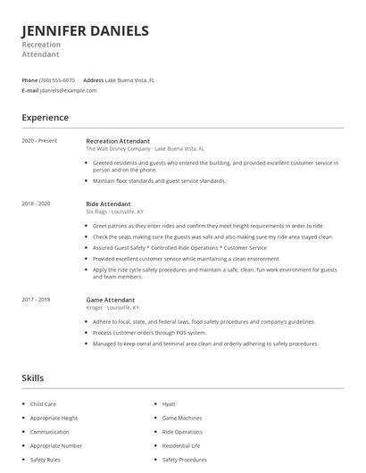 Recreation Attendant Resume