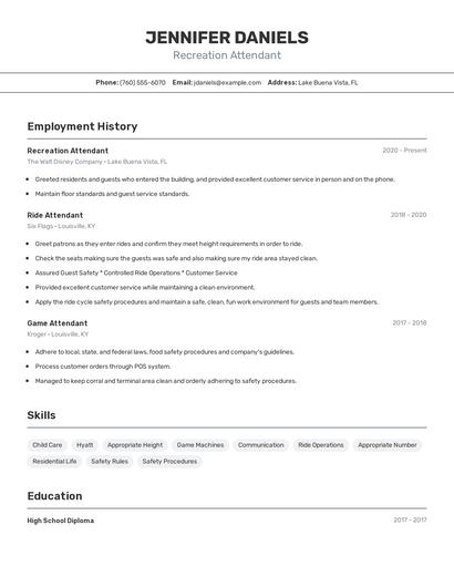 Recreation Attendant Resume