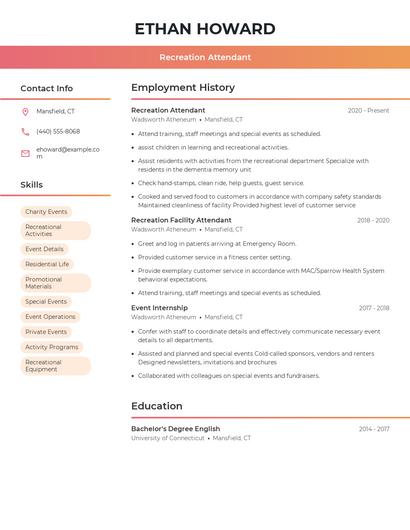 Recreation Attendant Resume