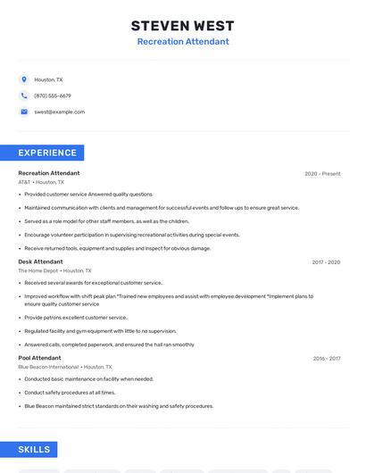 Recreation Attendant Resume