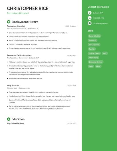 Recreation Attendant Resume
