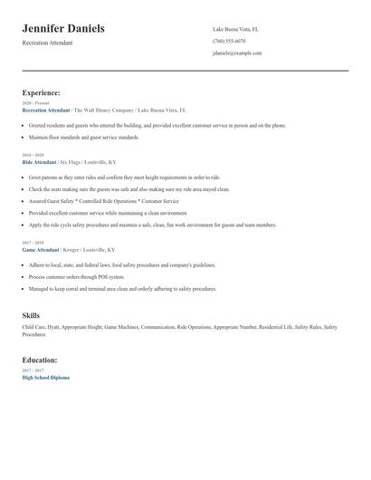 Recreation Attendant Resume