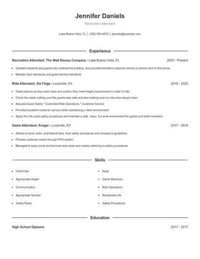 Recreation Attendant Resume