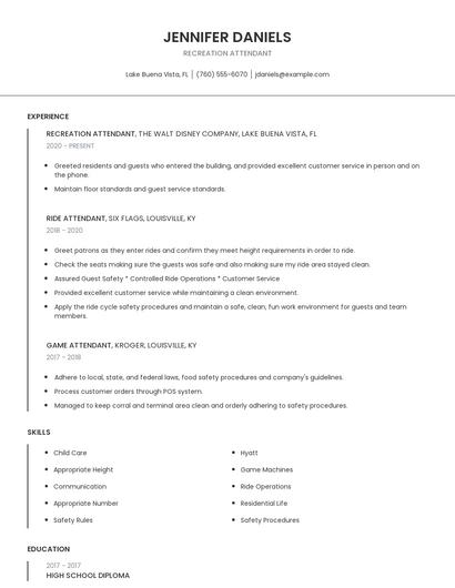 Recreation Attendant Resume