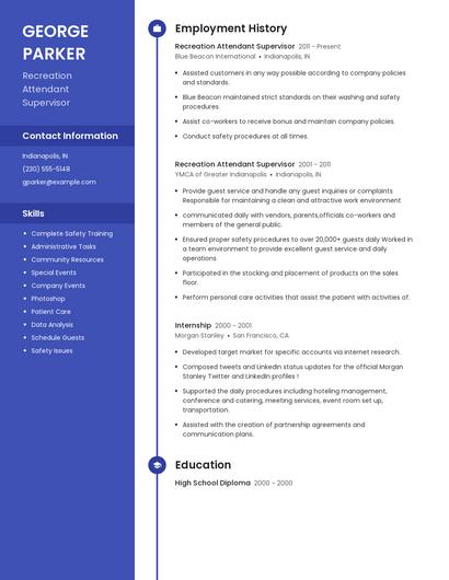 Recreation Attendant Supervisor Resume
