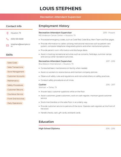 Recreation Attendant Supervisor Resume