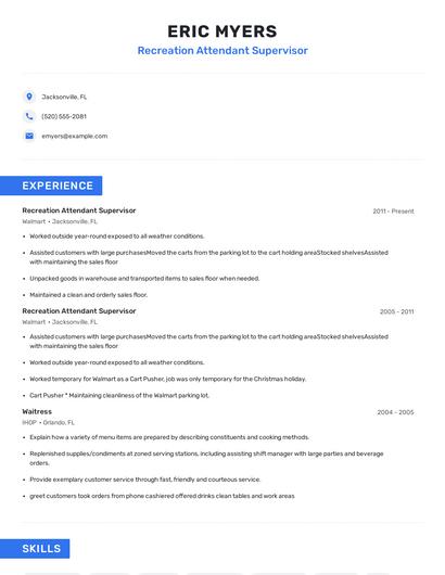 Recreation Attendant Supervisor Resume