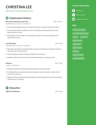 Recreation Attendant Supervisor Resume