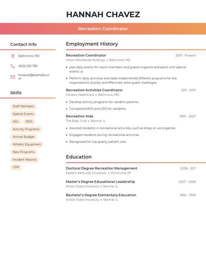 Recreation Coordinator Resume