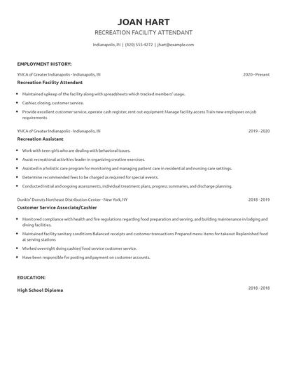 Recreation Facility Attendant Resume