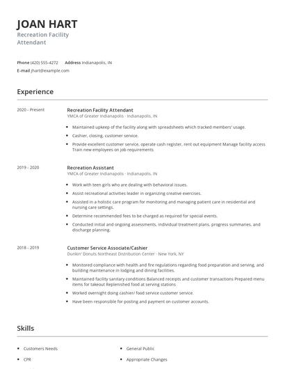 Recreation Facility Attendant Resume