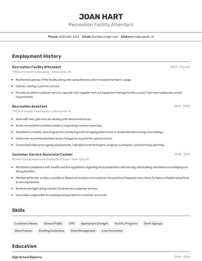 Recreation Facility Attendant Resume