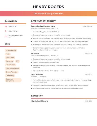 Recreation Facility Attendant Resume