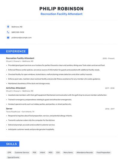 Recreation Facility Attendant Resume