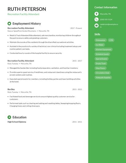Recreation Facility Attendant Resume