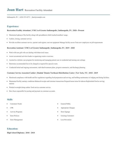 Recreation Facility Attendant Resume