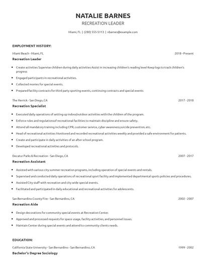 Recreation Leader Resume