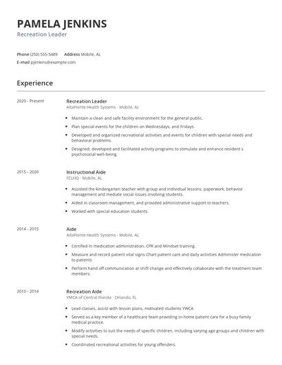 Recreation Leader Resume