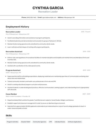 Recreation Leader Resume