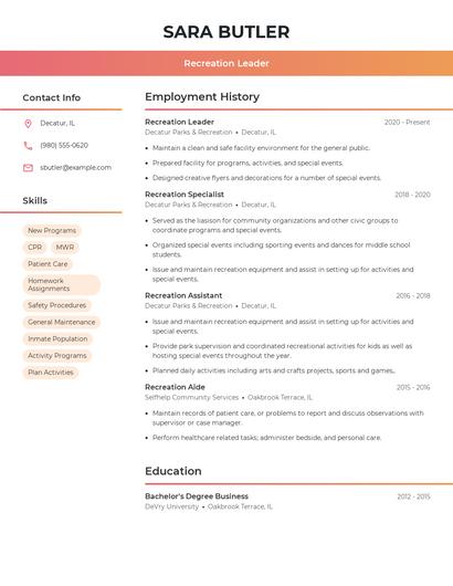 Recreation Leader Resume