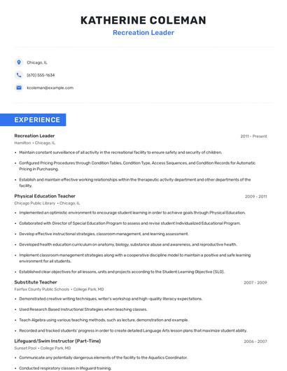 Recreation Leader Resume