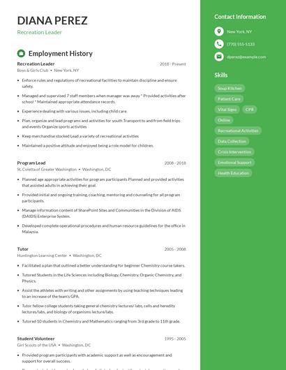 Recreation Leader Resume