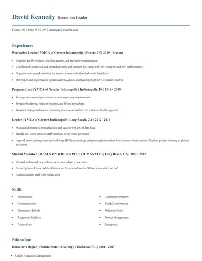 Recreation Leader Resume