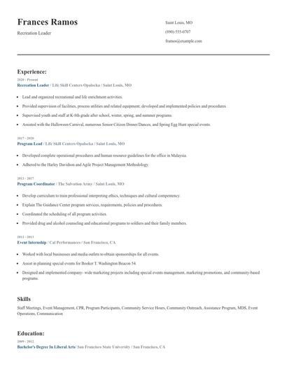 Recreation Leader Resume