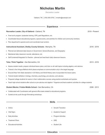 Recreation Leader Resume