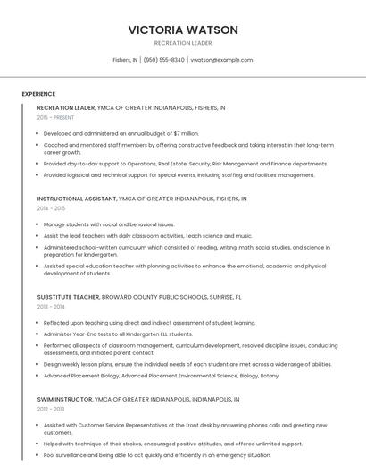 Recreation Leader Resume