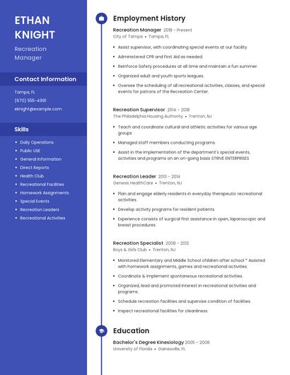 Recreation Manager Resume