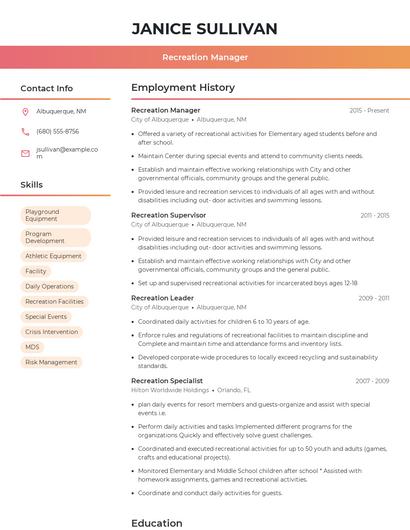 Recreation Manager Resume