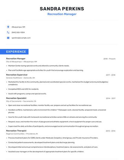 Recreation Manager Resume