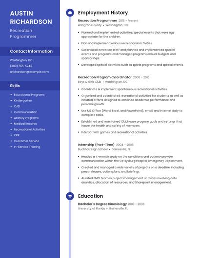 Recreation Programmer Resume