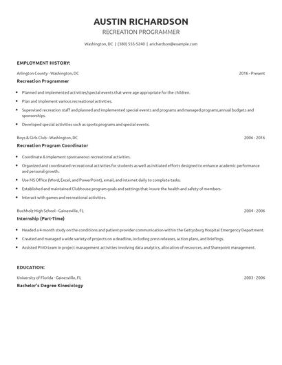 Recreation Programmer Resume