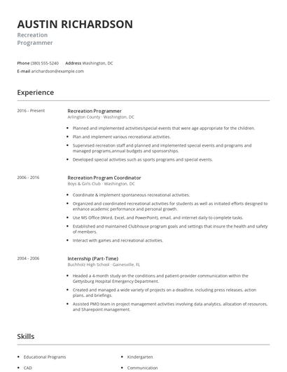 Recreation Programmer Resume