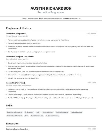 Recreation Programmer Resume