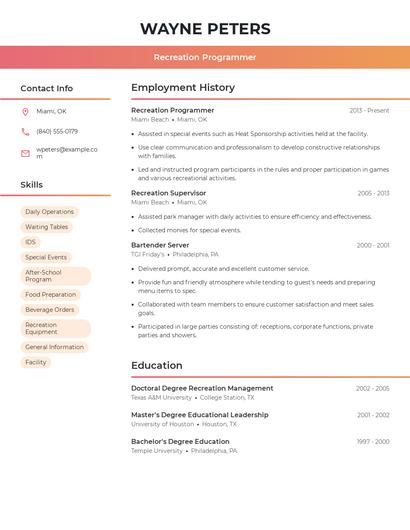 Recreation Programmer Resume