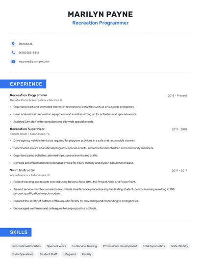 Recreation Programmer Resume
