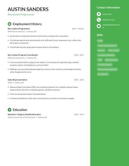 Recreation Programmer Resume